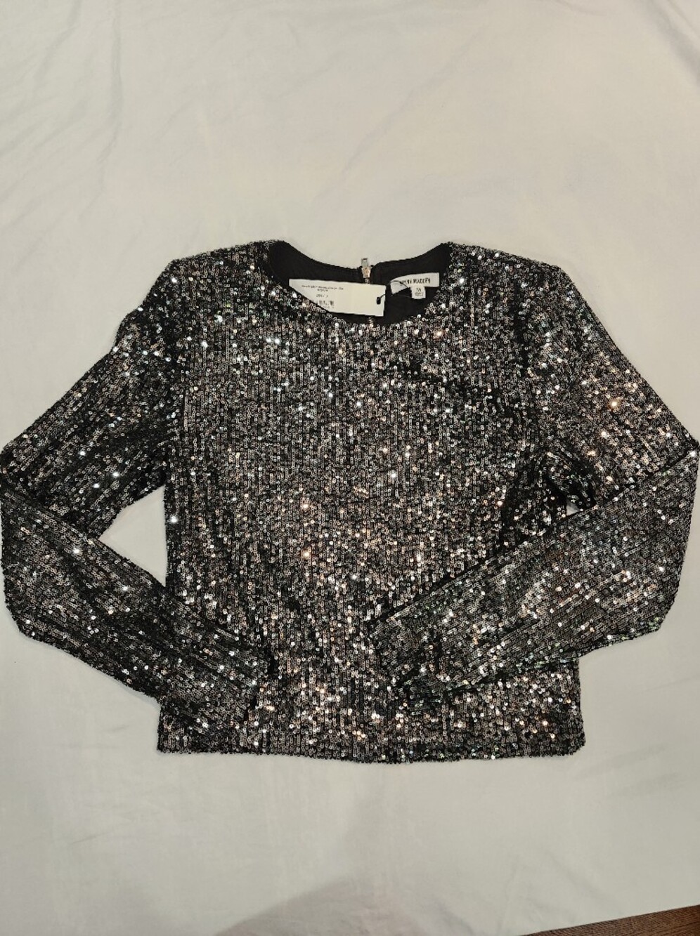 Steve Madden Silver Sequin Crewneck Long-Sleeve Top